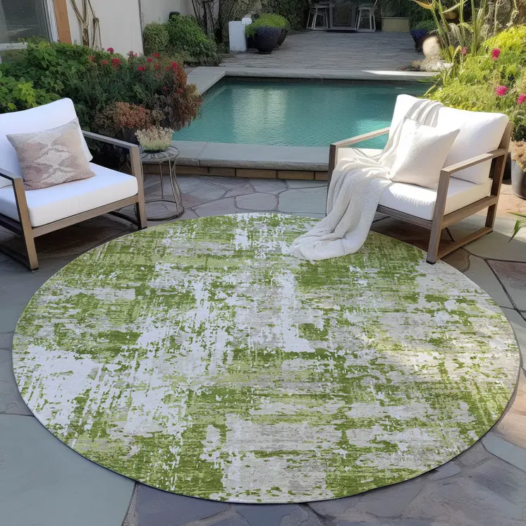 8' Green And Ivory Round Abstract Washable Indoor Outdoor Area Rug