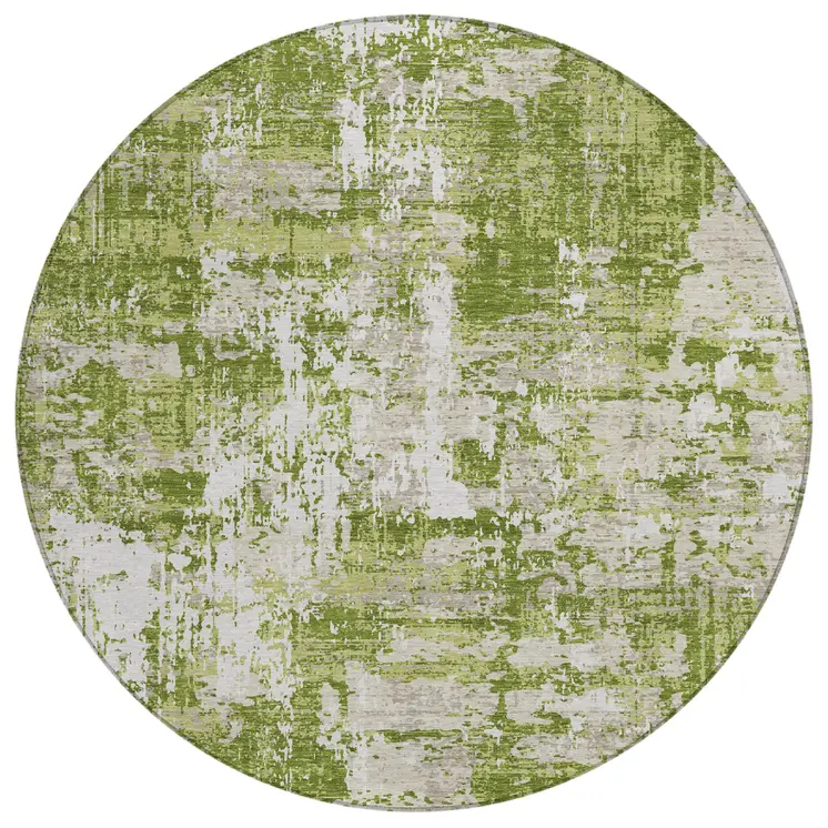 8' Green And Ivory Round Abstract Washable Indoor Outdoor Area Rug