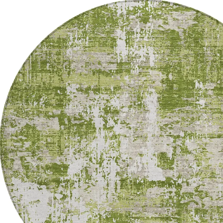 8' Green And Ivory Round Abstract Washable Indoor Outdoor Area Rug