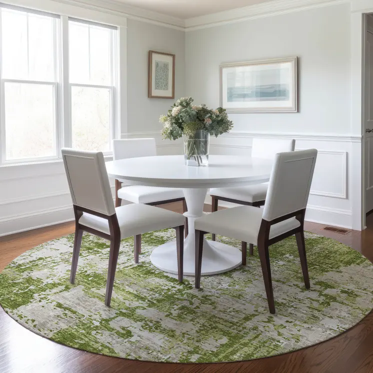 8' Green And Ivory Round Abstract Washable Indoor Outdoor Area Rug