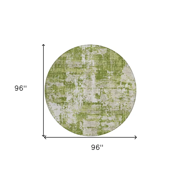 8' Green And Ivory Round Abstract Washable Indoor Outdoor Area Rug