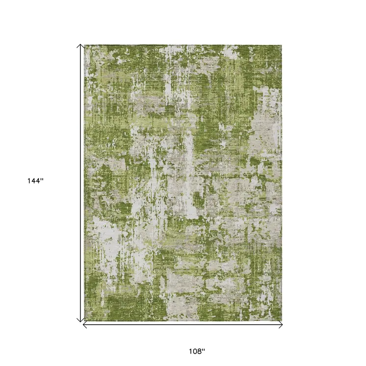 9' X 12' Green And Ivory Abstract Washable Indoor Outdoor Area Rug