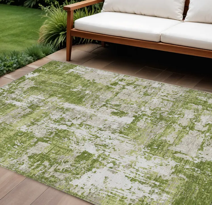 10' X 14' Green And Ivory Abstract Washable Indoor Outdoor Area Rug