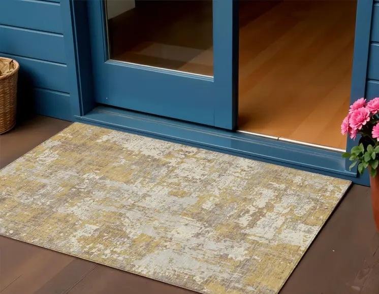 3' X 5' Gold Brown And Beige Abstract Washable Indoor Outdoor Area Rug