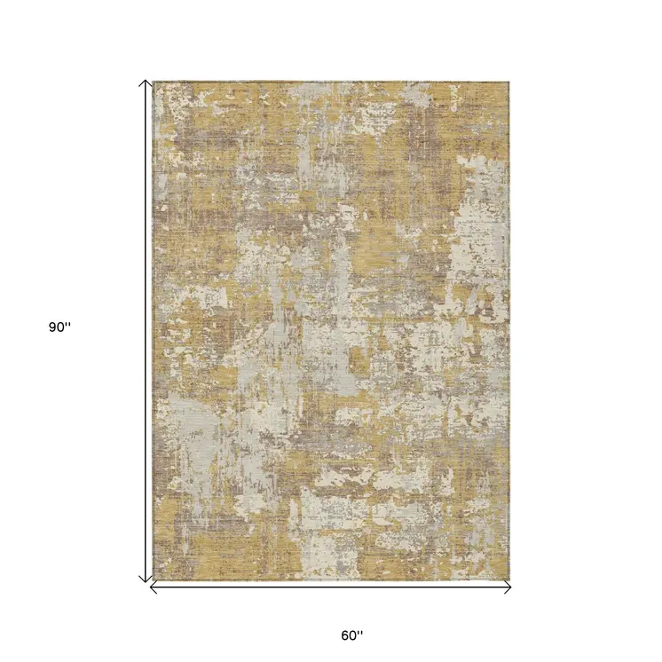 5' X 8' Gold Brown And Beige Abstract Washable Indoor Outdoor Area Rug