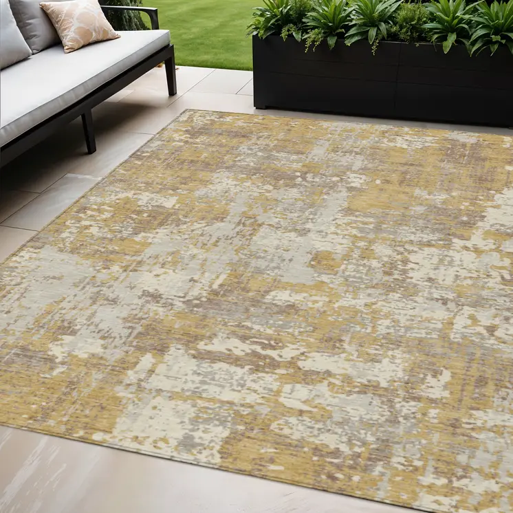 5' X 8' Gold Brown And Beige Abstract Washable Indoor Outdoor Area Rug