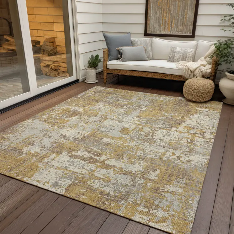 5' X 8' Gold Brown And Beige Abstract Washable Indoor Outdoor Area Rug