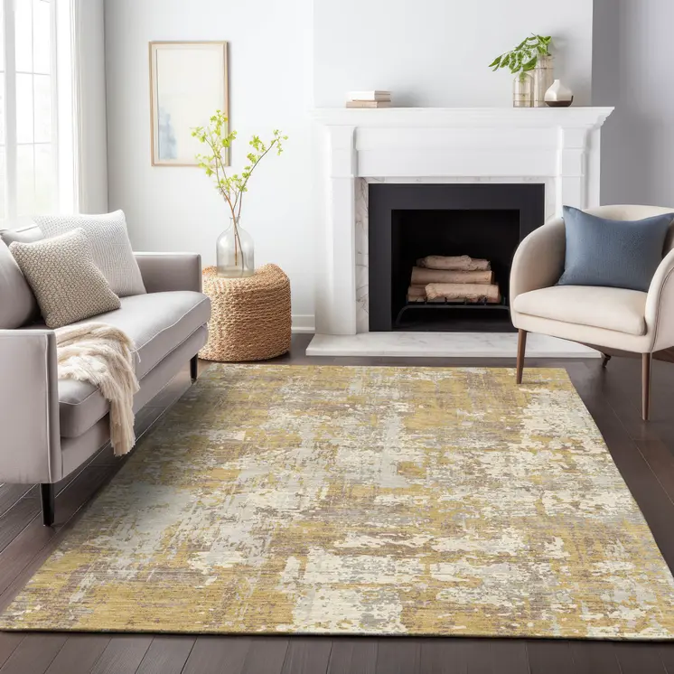 5' X 8' Gold Brown And Beige Abstract Washable Indoor Outdoor Area Rug