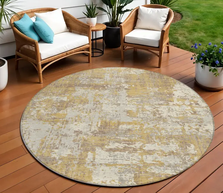 8' Gold Brown And Beige Round Abstract Washable Indoor Outdoor Area Rug