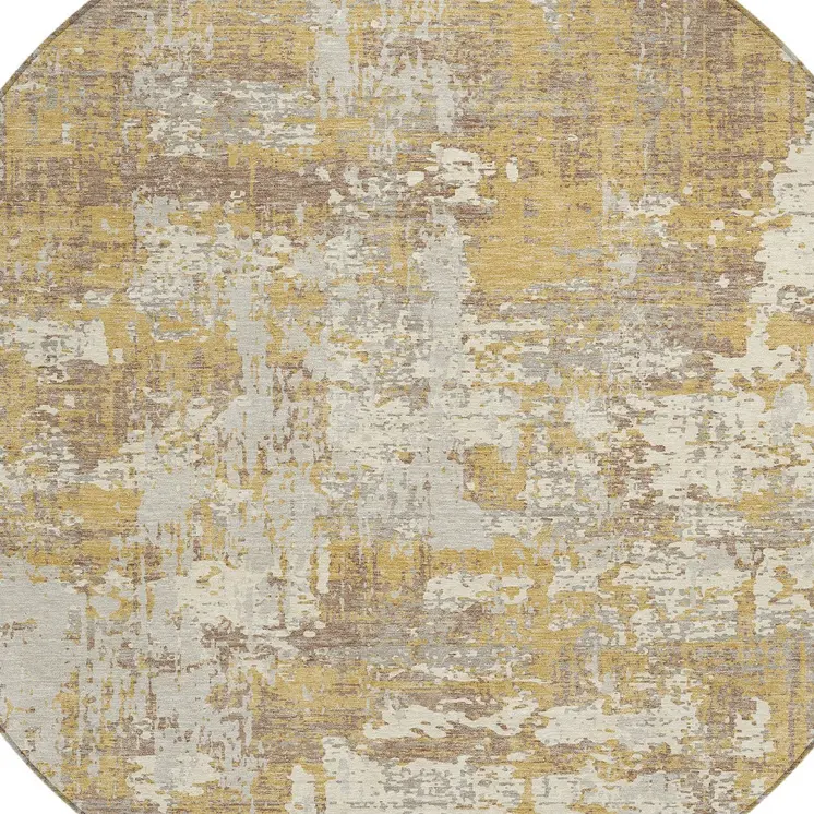 8' Gold Brown And Beige Round Abstract Washable Indoor Outdoor Area Rug