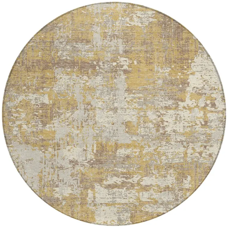 8' Gold Brown And Beige Round Abstract Washable Indoor Outdoor Area Rug