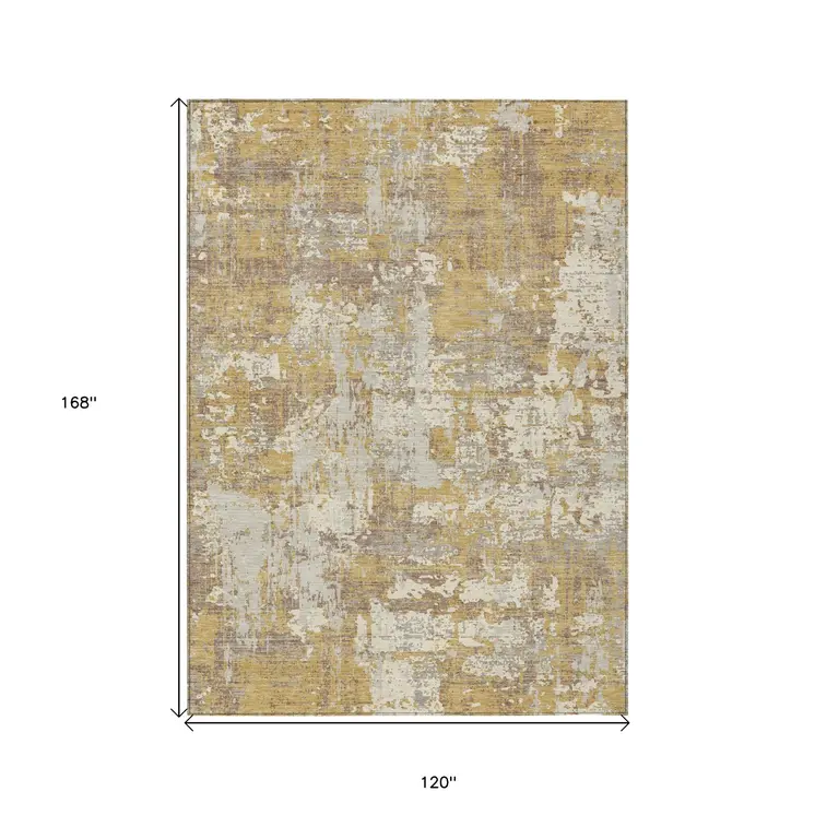 10' X 14' Gold Brown And Beige Abstract Washable Indoor Outdoor Area Rug