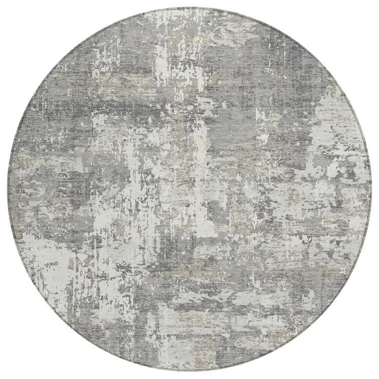 8' Gray And Ivory Round Abstract Washable Indoor Outdoor Area Rug