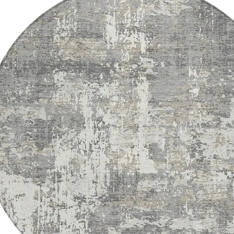 8' Gray And Ivory Round Abstract Washable Indoor Outdoor Area Rug