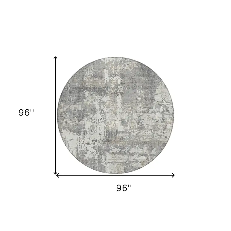 8' Gray And Ivory Round Abstract Washable Indoor Outdoor Area Rug