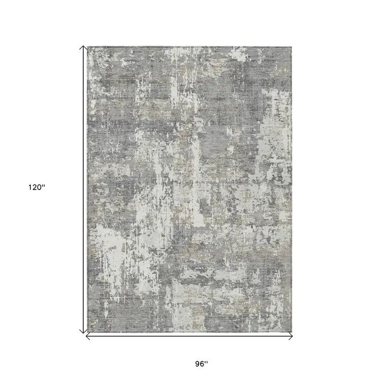 8' X 10' Gray And Ivory Abstract Washable Indoor Outdoor Area Rug