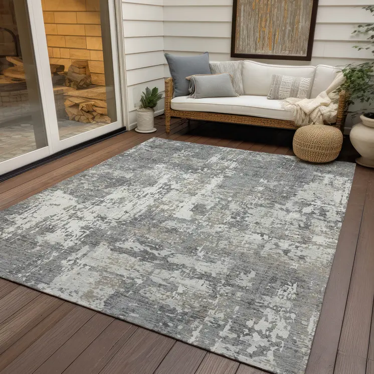 8' X 10' Gray And Ivory Abstract Washable Indoor Outdoor Area Rug