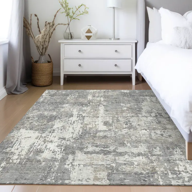 8' X 10' Gray And Ivory Abstract Washable Indoor Outdoor Area Rug