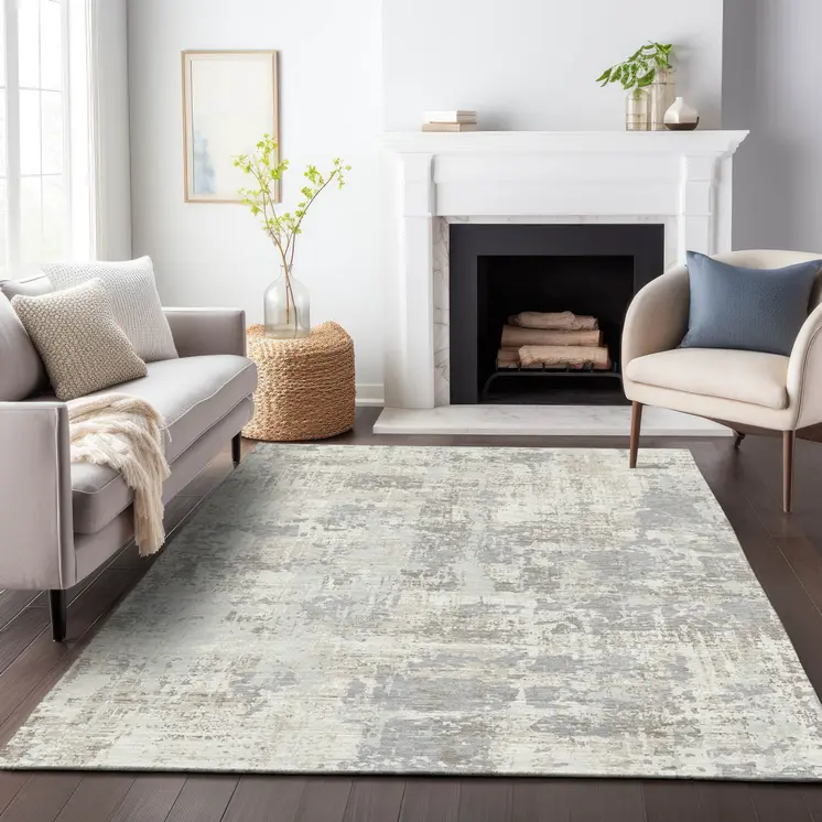 3' X 5' Ivory And Gray Abstract Washable Indoor Outdoor Area Rug