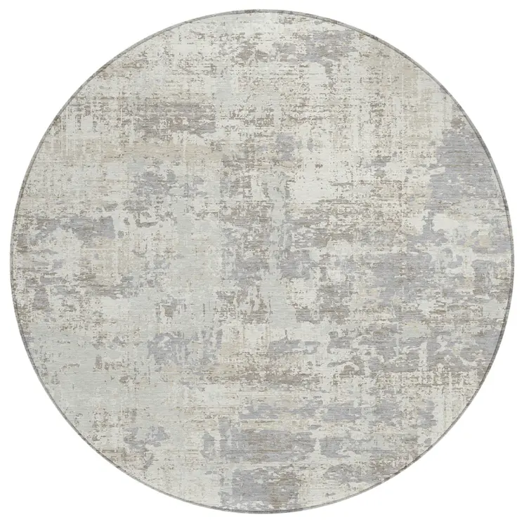 8' Ivory And Gray Round Abstract Washable Indoor Outdoor Area Rug