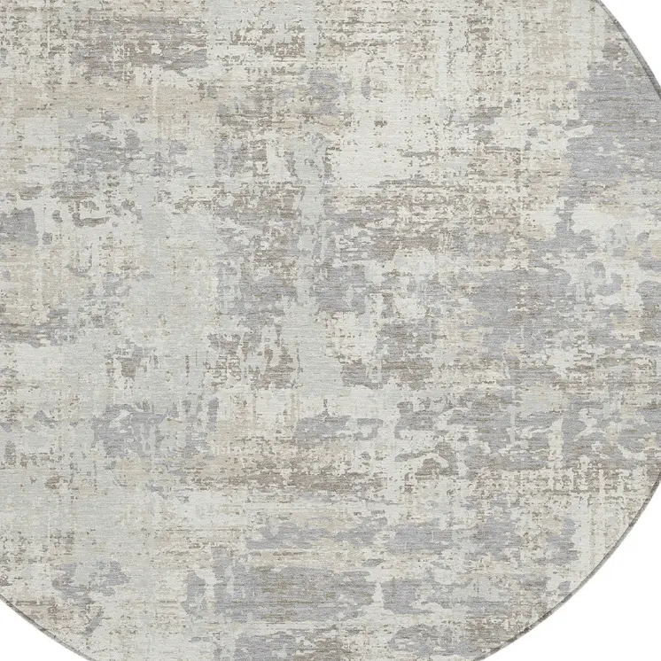 8' Ivory And Gray Round Abstract Washable Indoor Outdoor Area Rug