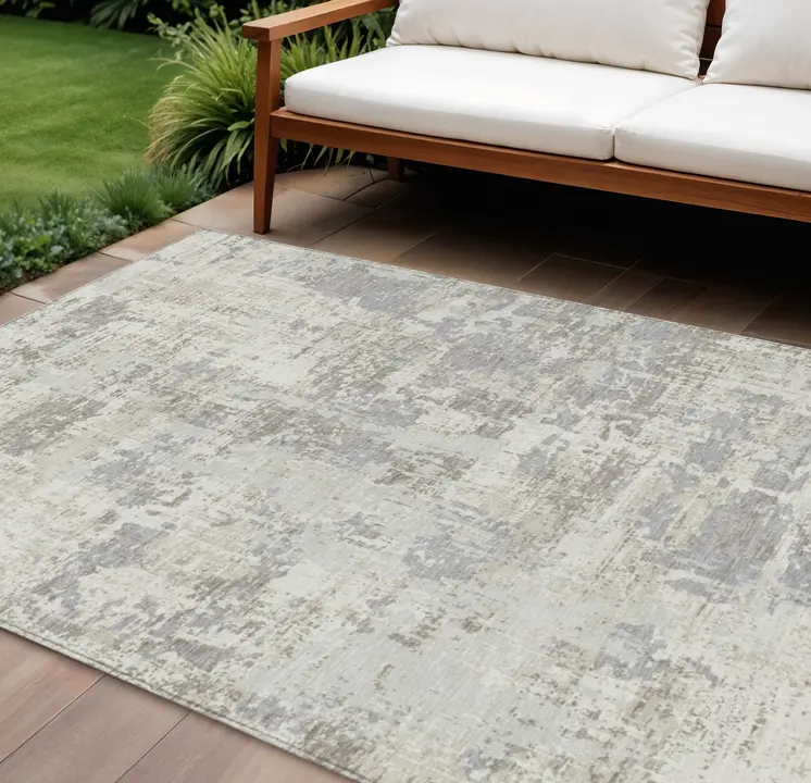 8' X 10' Ivory And Gray Abstract Washable Indoor Outdoor Area Rug