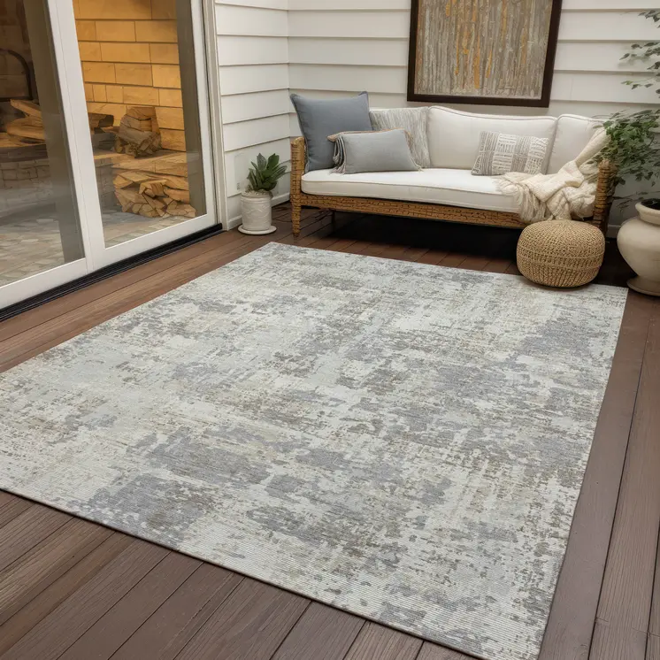 8' X 10' Ivory And Gray Abstract Washable Indoor Outdoor Area Rug