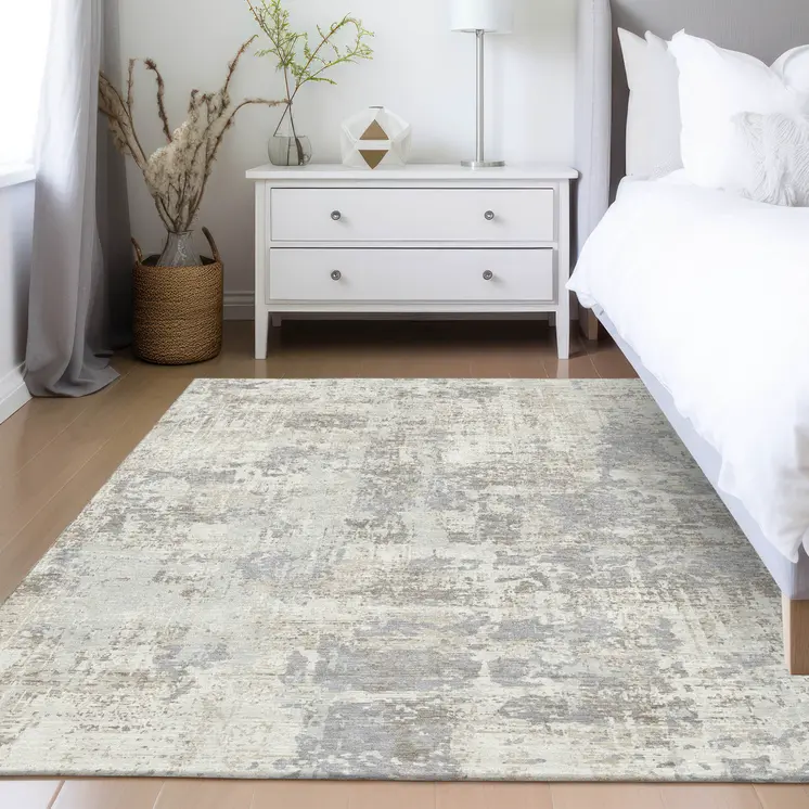9' X 12' Ivory And Gray Abstract Washable Indoor Outdoor Area Rug