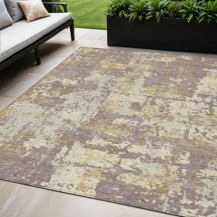 5' X 8' Lavender Gold And Beige Abstract Washable Indoor Outdoor Area Rug