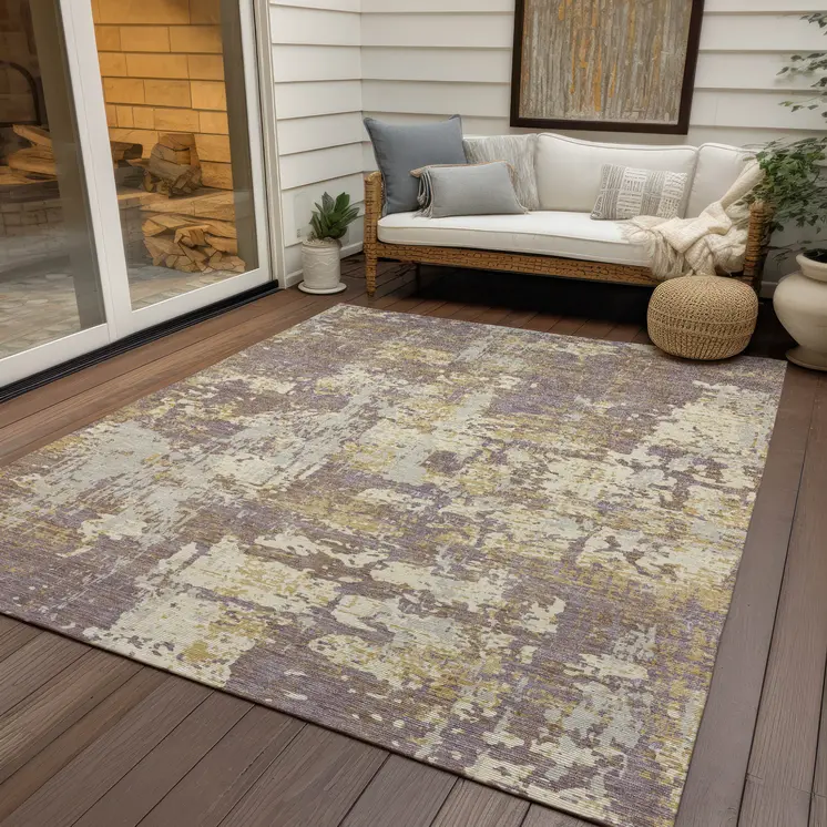 5' X 8' Lavender Gold And Beige Abstract Washable Indoor Outdoor Area Rug