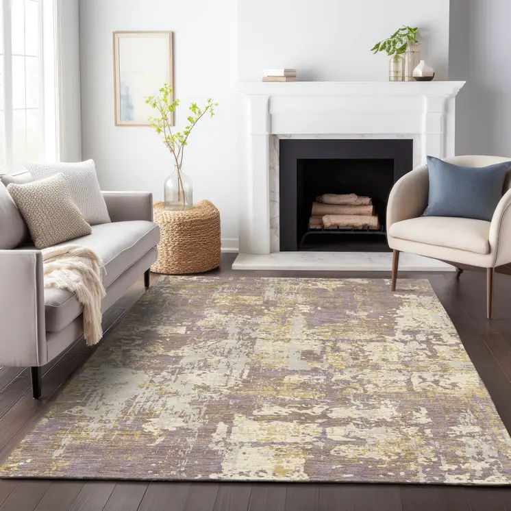 5' X 8' Lavender Gold And Beige Abstract Washable Indoor Outdoor Area Rug