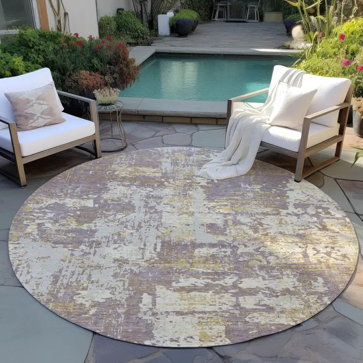 8' Lavender Gold And Beige Round Abstract Washable Indoor Outdoor Area Rug