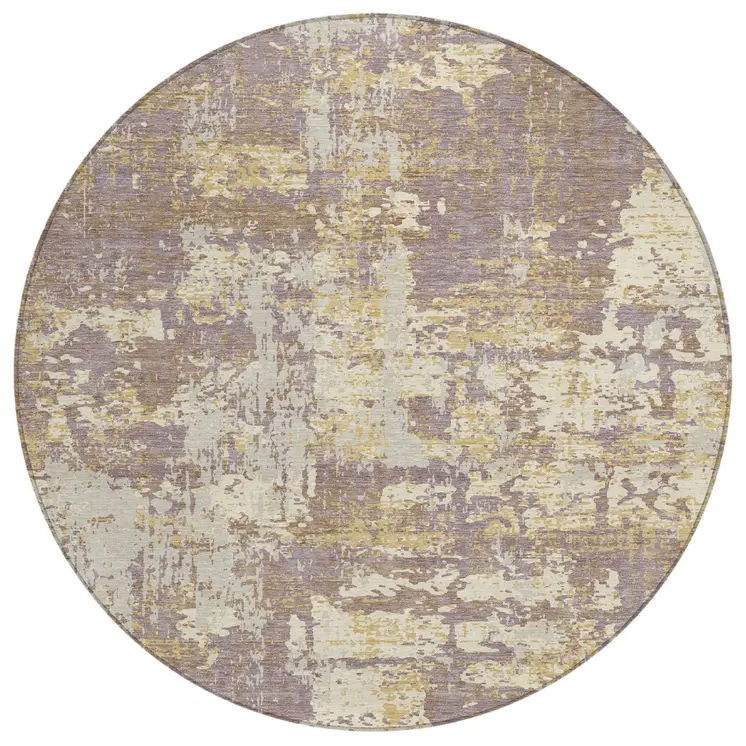 8' Lavender Gold And Beige Round Abstract Washable Indoor Outdoor Area Rug