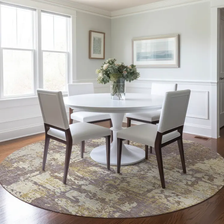 8' Lavender Gold And Beige Round Abstract Washable Indoor Outdoor Area Rug