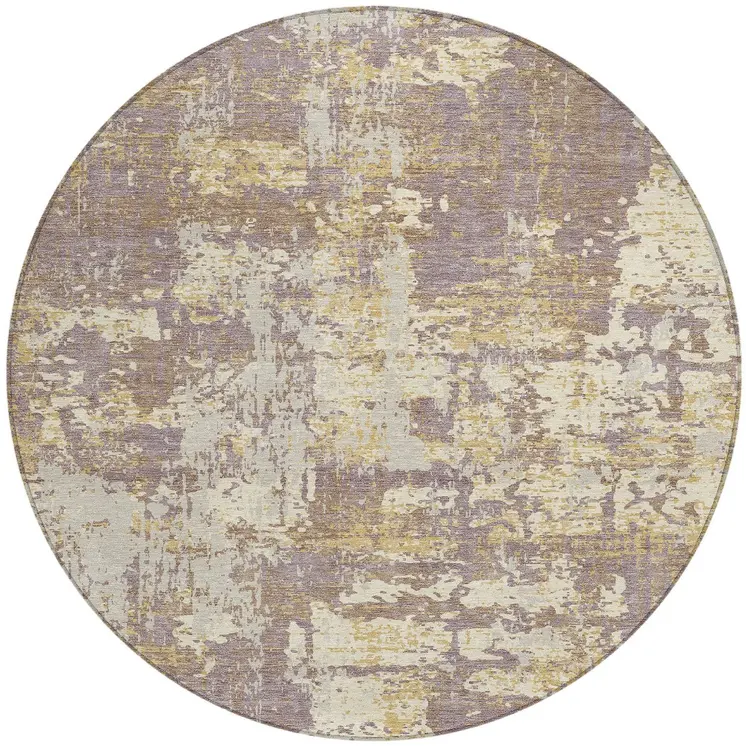 8' Lavender Gold And Beige Round Abstract Washable Indoor Outdoor Area Rug