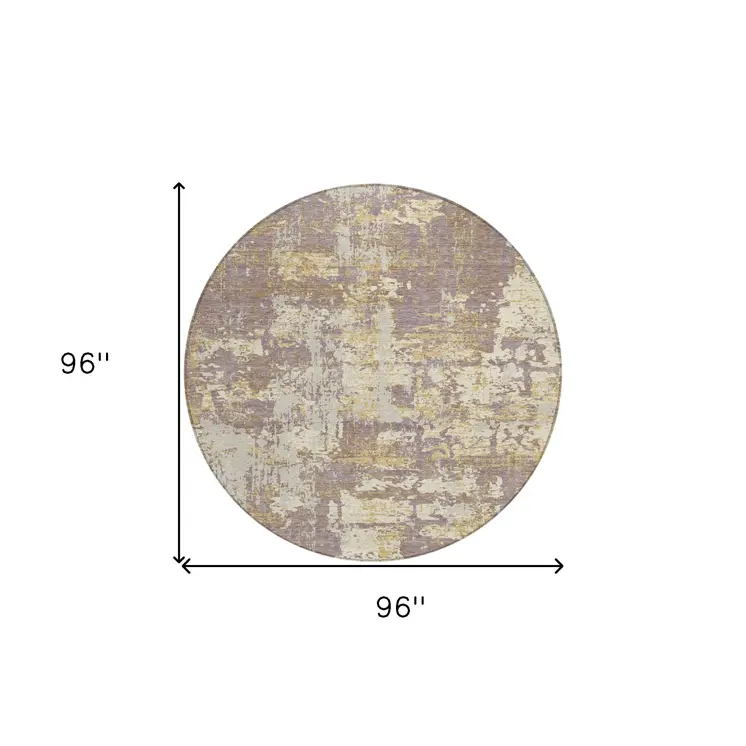 8' Lavender Gold And Beige Round Abstract Washable Indoor Outdoor Area Rug