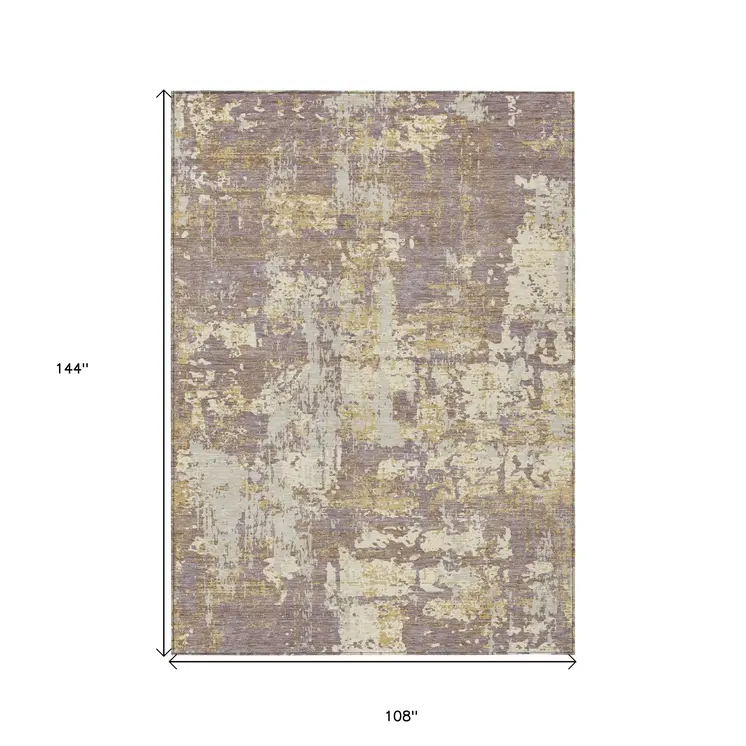 9' X 12' Lavender Gold And Beige Abstract Washable Indoor Outdoor Area Rug