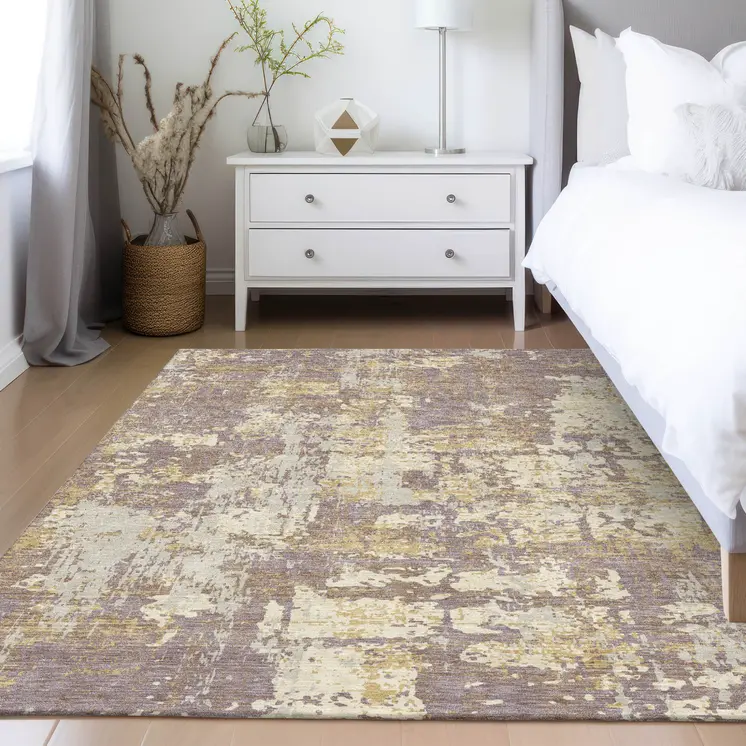 10' X 14' Lavender Gold And Beige Abstract Washable Indoor Outdoor Area Rug