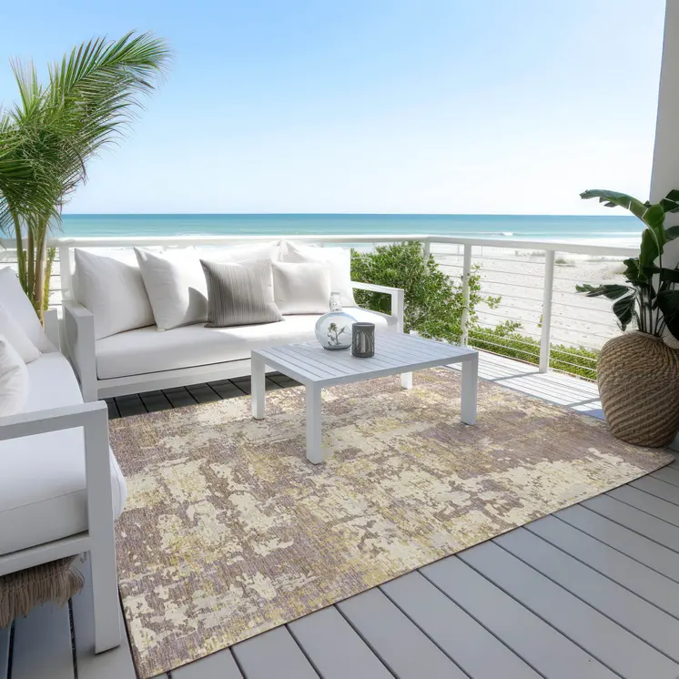 10' X 14' Lavender Gold And Beige Abstract Washable Indoor Outdoor Area Rug