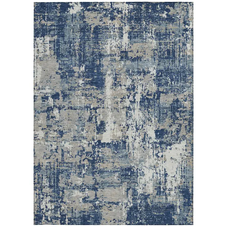 3' X 5' Navy Blue Gray And Ivory Abstract Washable Indoor Outdoor Area Rug