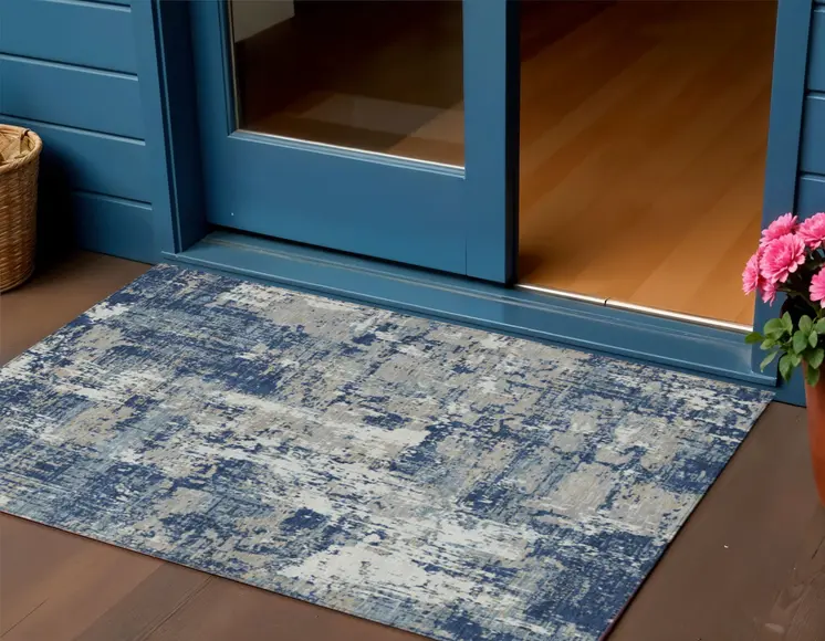 3' X 5' Navy Blue Gray And Ivory Abstract Washable Indoor Outdoor Area Rug
