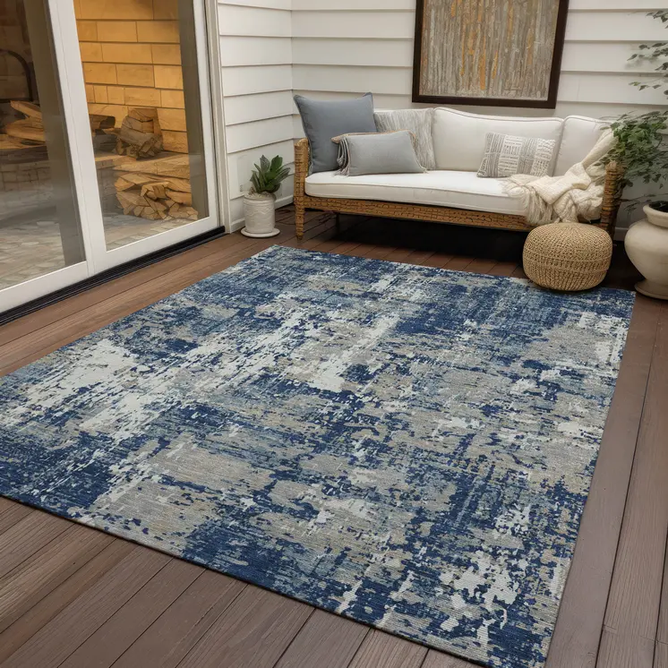 3' X 5' Navy Blue Gray And Ivory Abstract Washable Indoor Outdoor Area Rug