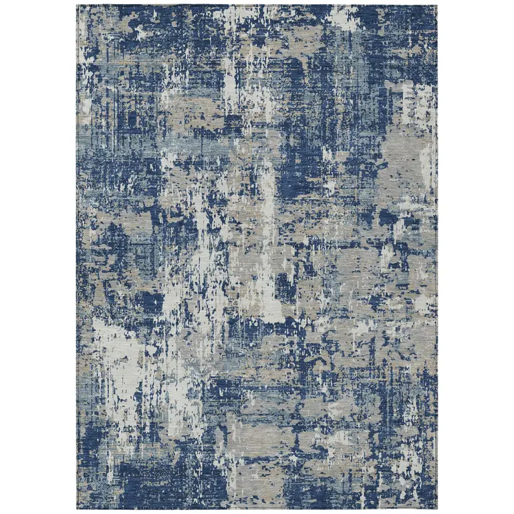 3' X 5' Navy Blue Gray And Ivory Abstract Washable Indoor Outdoor Area Rug