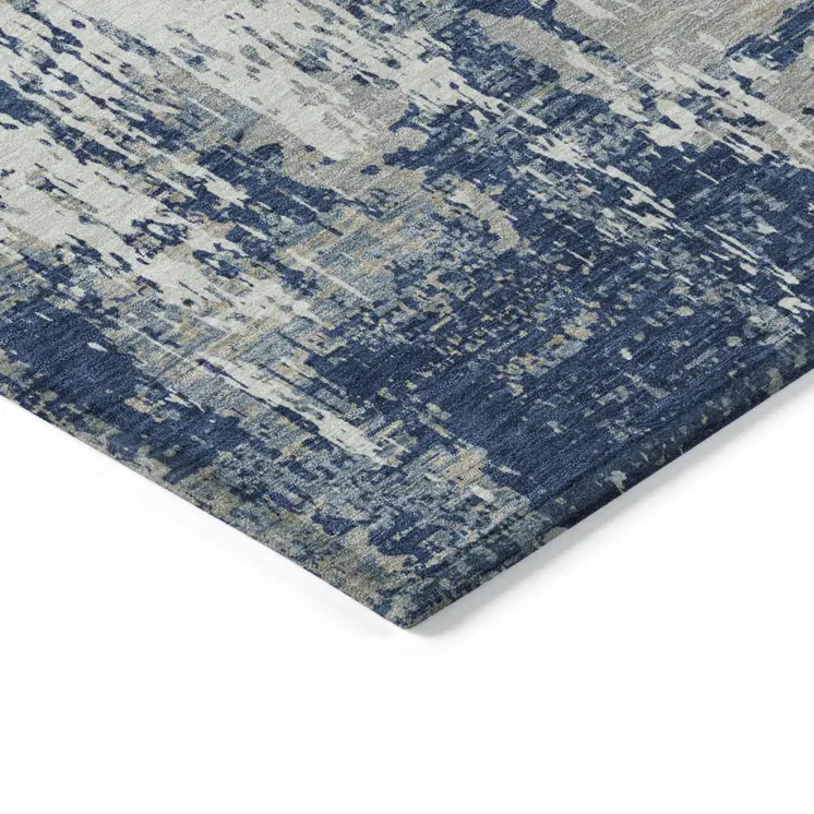 3' X 5' Navy Blue Gray And Ivory Abstract Washable Indoor Outdoor Area Rug