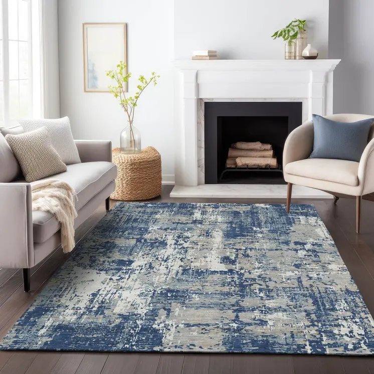 3' X 5' Navy Blue Gray And Ivory Abstract Washable Indoor Outdoor Area Rug