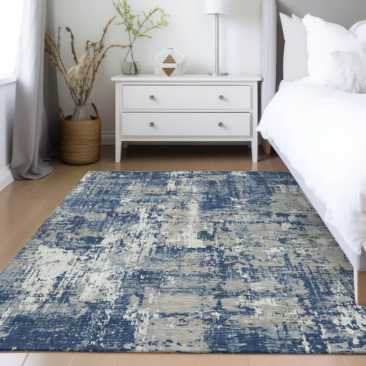 3' X 5' Navy Blue Gray And Ivory Abstract Washable Indoor Outdoor Area Rug