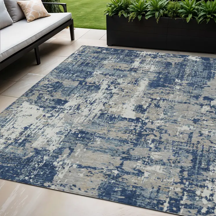 5' X 8' Navy Blue Gray And Ivory Abstract Washable Indoor Outdoor Area Rug