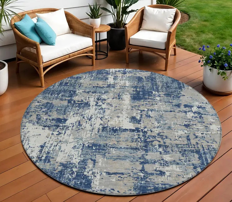 8' Navy Blue Gray And Ivory Round Abstract Washable Indoor Outdoor Area Rug