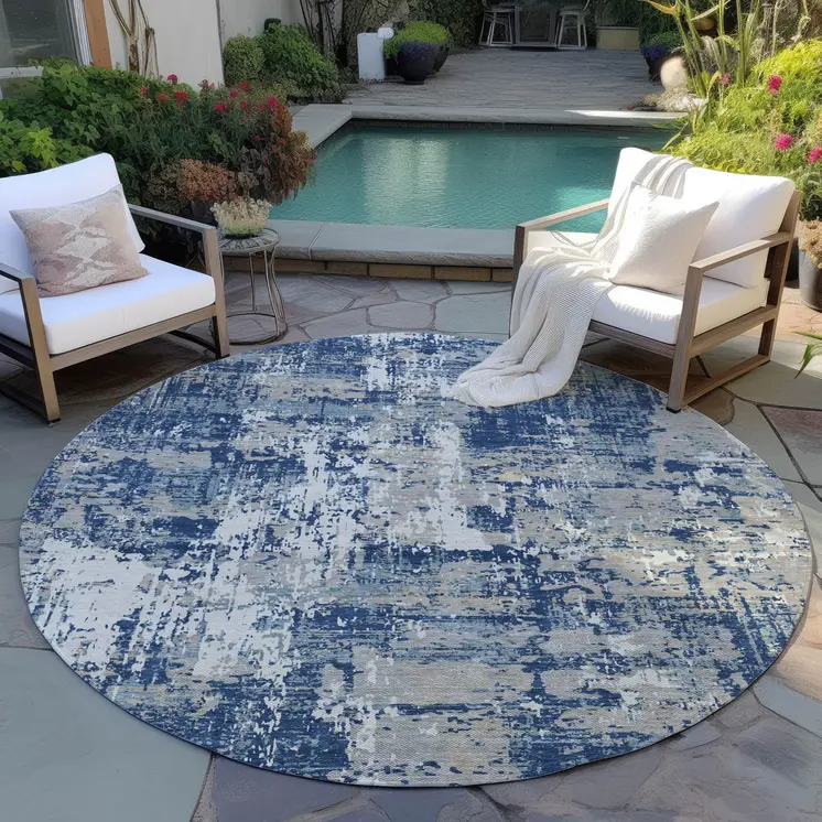 8' Navy Blue Gray And Ivory Round Abstract Washable Indoor Outdoor Area Rug