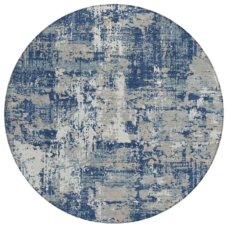 8' Navy Blue Gray And Ivory Round Abstract Washable Indoor Outdoor Area Rug